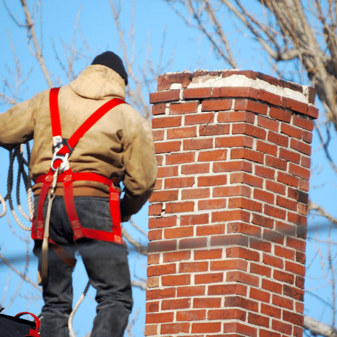 A worker in a harness inspects a brick chimney on a roof against a clear blue sky.