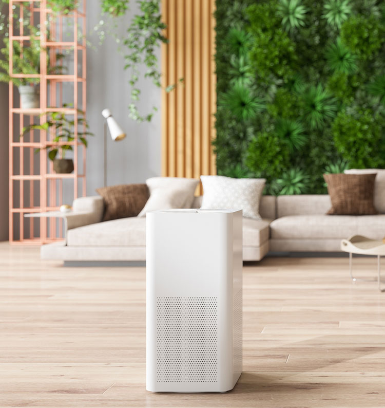 White air purifier in modern living room with plants and cozy sofa in background.