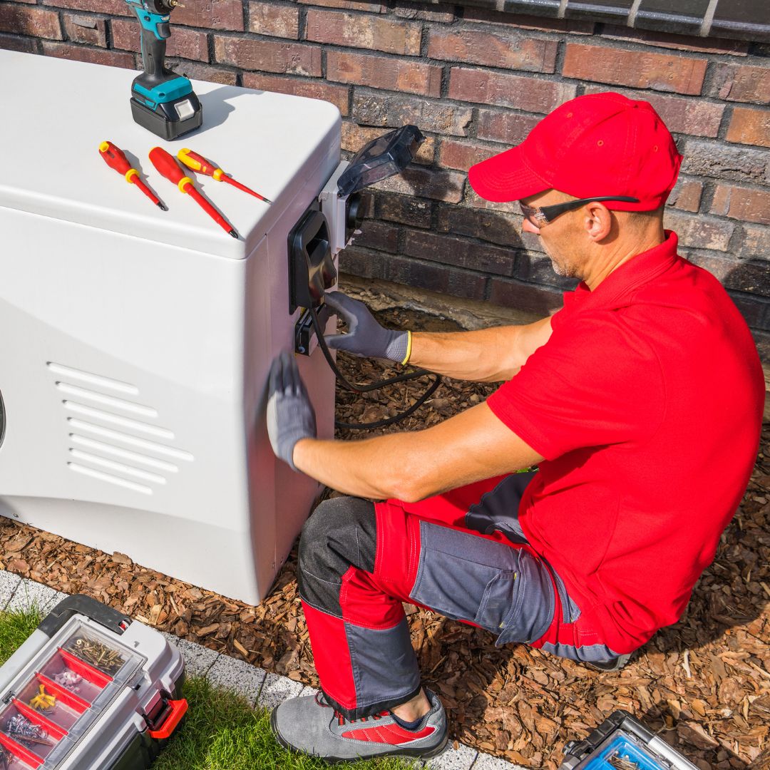 Technician in red uniform working on outdoor electrical generator with tools nearby.