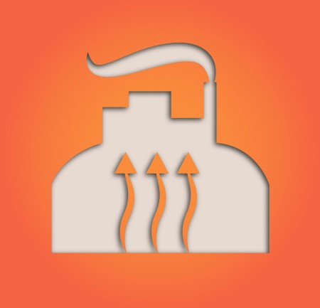 Factory icon with smoke stack and upward arrows on orange background.