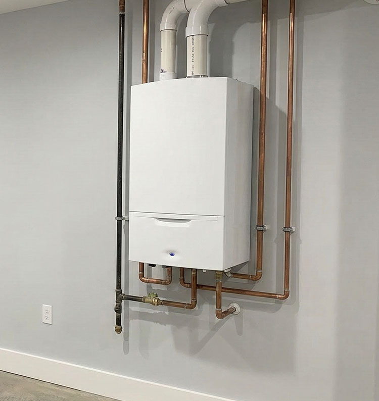 Modern wall-mounted boiler unit with piping installed for energy-efficient home heating and boiler system performance