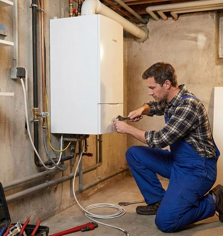 Boiler repair by HVAC technician servicing wall-mounted heating system for reliable home heating performance