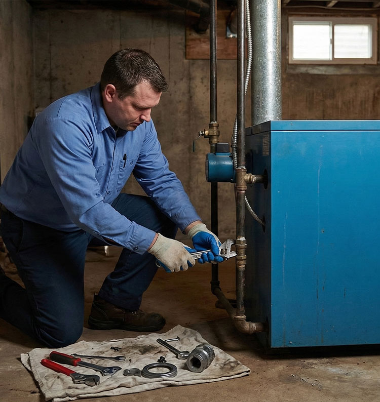 Boiler repair service by HVAC technician adjusting residential heating system piping for reliable home heating performance