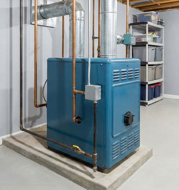 Home boiler unit with connected piping system for residential heating, boiler repair, and maintenance services