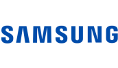 Samsung logo in bold blue letters on a transparent background.