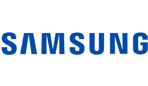 Samsung logo in bold blue letters on a transparent background.