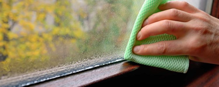 Homeowner wiping condensation from a window interior, a common sign of high indoor humidity in summer.