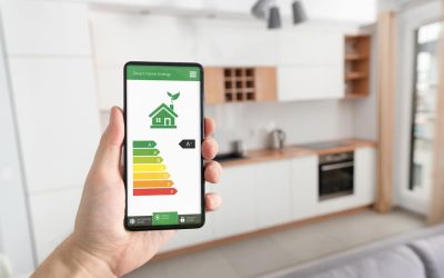 Homeowner using an energy efficiency app on their phone,, tracking AC efficiency and summer energy bills.