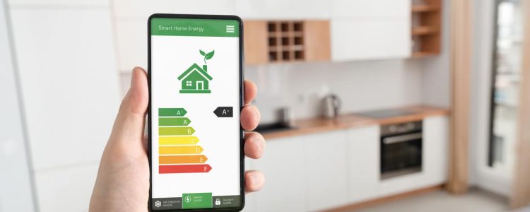 Homeowner using an energy efficiency app on their phone,, tracking AC efficiency and summer energy bills.