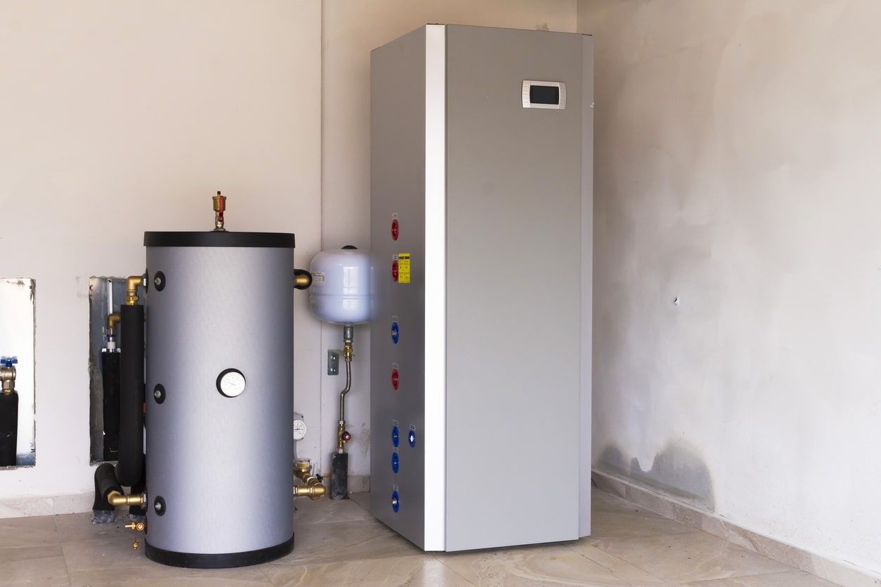 WaterFurnace geothermal heat pump unit installed in a New York home’s mechanical room.